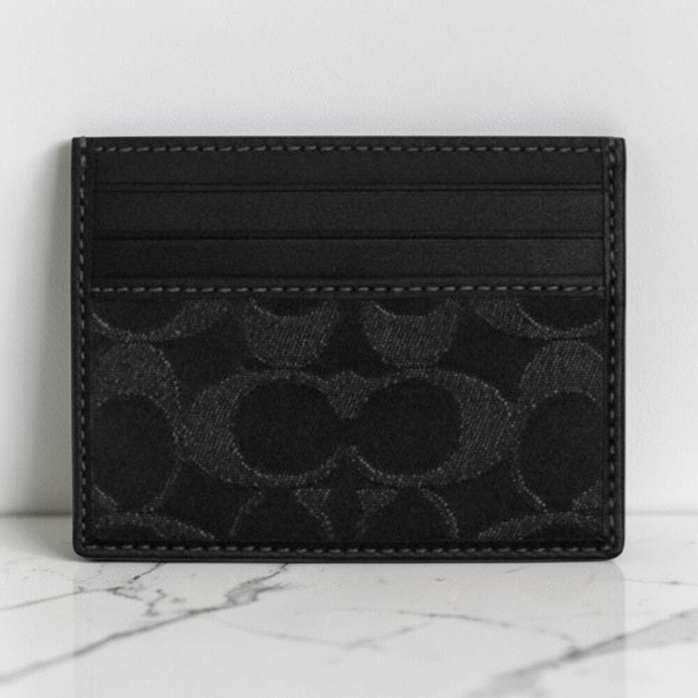 Coach NWT Slim ID Card Case Wallet Signature Denim Black CAJ47 Men Women Gift